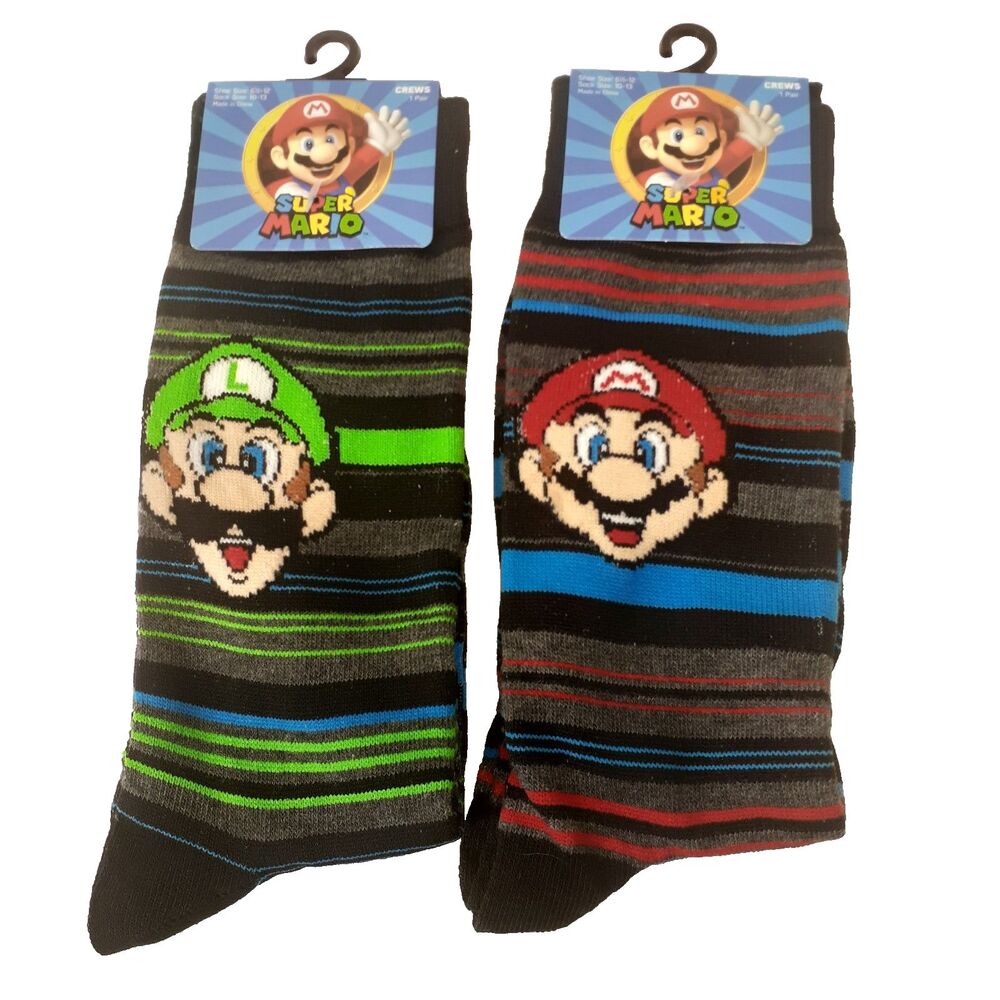 Nintendo Super Mario Luigi Mens 2 Pair Multicolor Striped Crew Socks Sz 6-12 NWT
